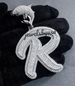 Natural Diamond Custom letter "R" Pendant 925 sterling Silver White Gold Plating - Picture 1 of 1