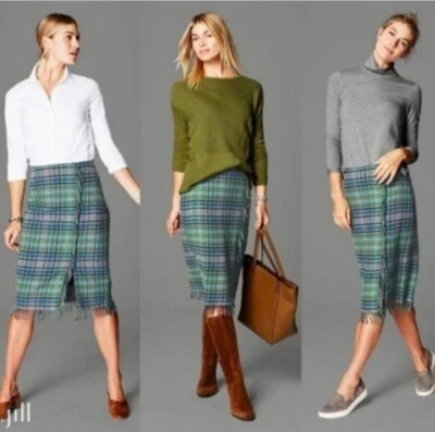 J Jill Wool Blend Tartan Plaid Fringe Wrap Knee Length Skirt Size 10P 10 Petite - Image 1 of 4