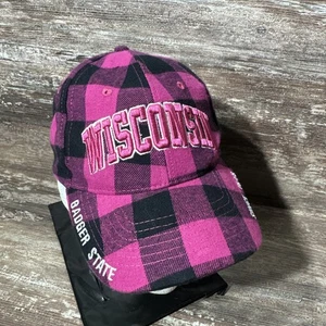 Wisconsin Plaid Cap Hat 1848 Brand Cotton Flannel Badger State Embroidered Pink - Picture 1 of 9
