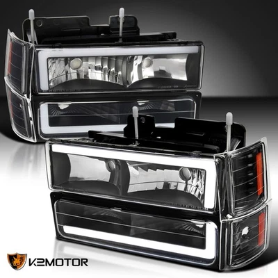 Fits 1994-1998 Chevy C10 C/K 1500 Tahoe LED Tube Black Headlights+Bumper Lamps Foto 1 de 4
