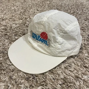 Vintage 80s 90s Wilson Tennis Hat Strap Back White Nylon Embroidered Yupoong - Picture 1 of 13