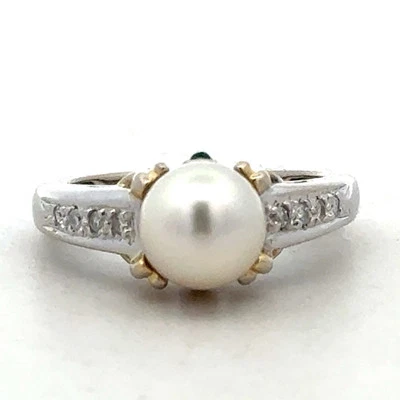 Designer 14K White Yellow Gold Diamond Emerald Pearl Solitaire Anniversary Ring - Image 1 of 4