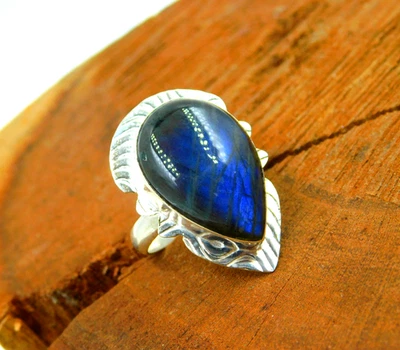 Anel de labradorita old school feito à mão joalheiro banhado a prata cobre EUA tamanho 8 1/2 - Imagem 1 de 4