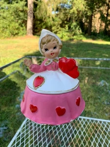 Seltene Lefton Valentinstag Mädchen hält Herzen #7172 Schmuckschatulle mit Etikett 5,75 Zoll - Bild 1 von 24