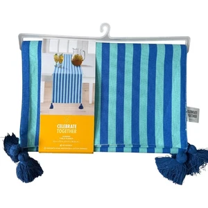 Celebrate Together Summer Table Runner 13x72 Blue Striped Reversible Tassels - Picture 1 of 6