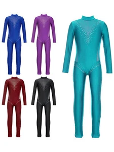 Kids Girls Jumpsuit Sheer Unitard Rhinestone Leotards Soft Bodysuit Mesh Shiny - Picture 1 of 52