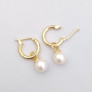 7-8mm natural akoya white AAA round pearl earrings 14k Yellow Gold P Lever Back - Picture 1 of 4