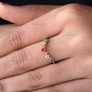 Natural Multi Sapphire Band Ring Solid 14k Yellow Gold Handmade Fine Jewelry NEW - Picture 1 of 4