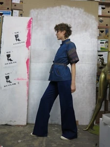 Women's Trousers Flares Dark Blue 70s TRUEVINTAGE - Picture 1 of 10
