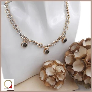 925 Silver Smoked Quartz Crewneck Bitone Necklace Women's Necklace - Picture 1 of 8