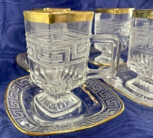 4 Bohemian MCM KSA Engraved Greek Key & Gold Pedestal Cups & Saucers EUC! - Picture 1 of 11
