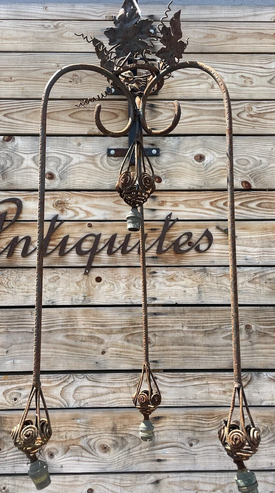 Monture de Lustre Art Deco Pâte de Verre Muller Frères Tulipe Lampe Fer Forgé - Photo 1/4