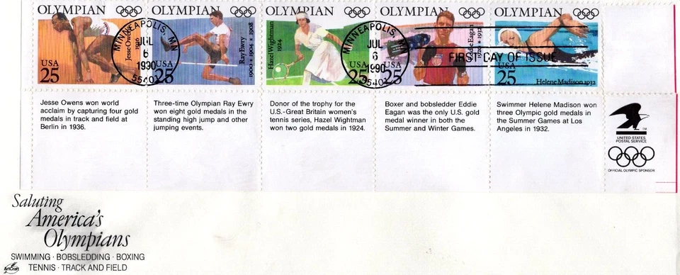 1990 #2500a OLYMPIANS STRIP OF 5 W/ TABS OVERSIZE FDC ART CRAFT CACHET - Image 1 of 1