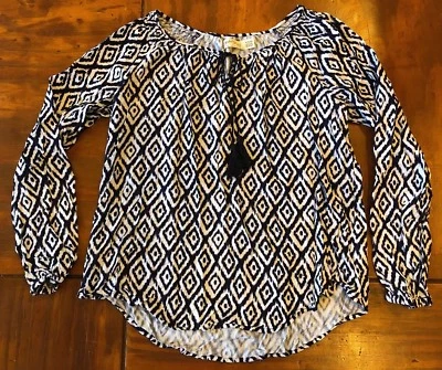 Blusa Top Boho Campesina Azul Marino Oscuro y Blanco Gloria Desteñida Talla M 8/10 Patrón Diamante Foto 1 de 4