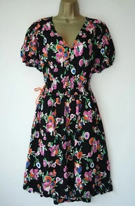 NEXT BLACK FLORAL PUFF SLEEVE TEA DRESS SIZE 14 TALL - Picture 1 of 5