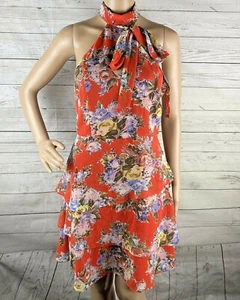 Greylin Halter Dress XS Orange Colorful Floral Print Tiered Ruffle Unique Sample - Picture 1 of 12