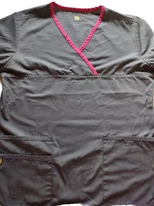 Scrub Top Grey Small V Neck Scrubs Pink Trim medical nurse home health vet Drs - Picture 1 of 4