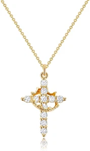 Upgraded Crown Cross Necklace for Women,14K Gold Plated & Silver Plated Crown Cr - Picture 1 of 12