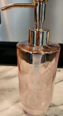 NEW BEAU MONDE Pink Glass Cloudy Gold Tone Pump Soap Lotion Dispenser 8"x 3" - Image 1 of 4