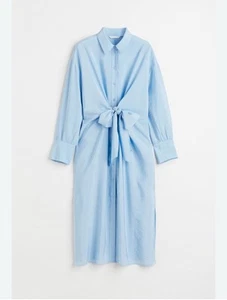 H & M Light Blue Tie Front Side Slits Smooth Crushed Relaxed Midi Shirt Dress XL - Picture 1 of 10