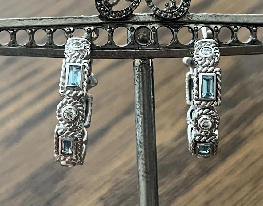 JUDITH RIPKA 925 STERLING SILVER BLUE TOPAZ & CZ DIAMONIQUE HOOP EARRINGS - Image 1 of 4