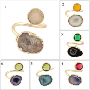 Natural Geode Druzy Mix Hydro Quartz Gold Plated Single Layer Adjustable Rings - Picture 1 of 19
