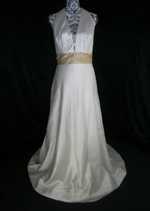 Watters 9054B Wedding Dress 10 Ivory Silk Halter Plunging Low Back Gold Sash - Picture 1 of 9