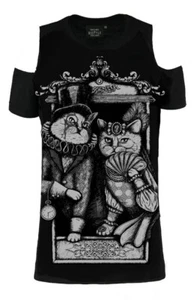 Restyle Cute Cold Shoulder T-Shirt - Cat Couple - Gothic Emo Oversized Top - Picture 1 of 1