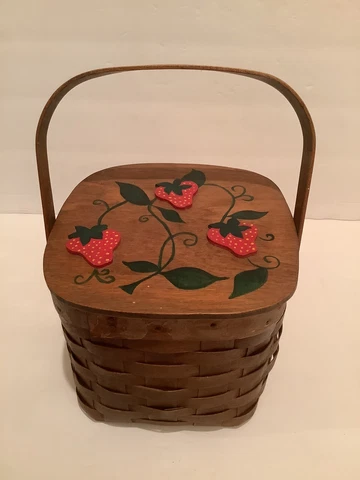 Vintage Handmade Hand Painted Wooden Lined Basket W/ Handle Strawberries 7.25” Cover