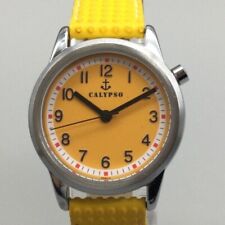 Calypso Watch Women Silver Tone 30M Yellow Dial Faux Leather Band New Battery 