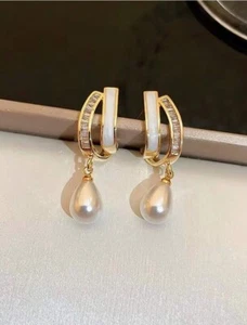 Womens Elegant Long Gold Faux Pearl Cubic Zirconia Decor Dangle Drop Earrings - Picture 1 of 3