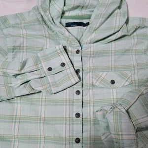 PrAna Sz M Top Anja Plaid Hooded Long Sleeve Top Chest Pocket Green - Picture 1 of 15