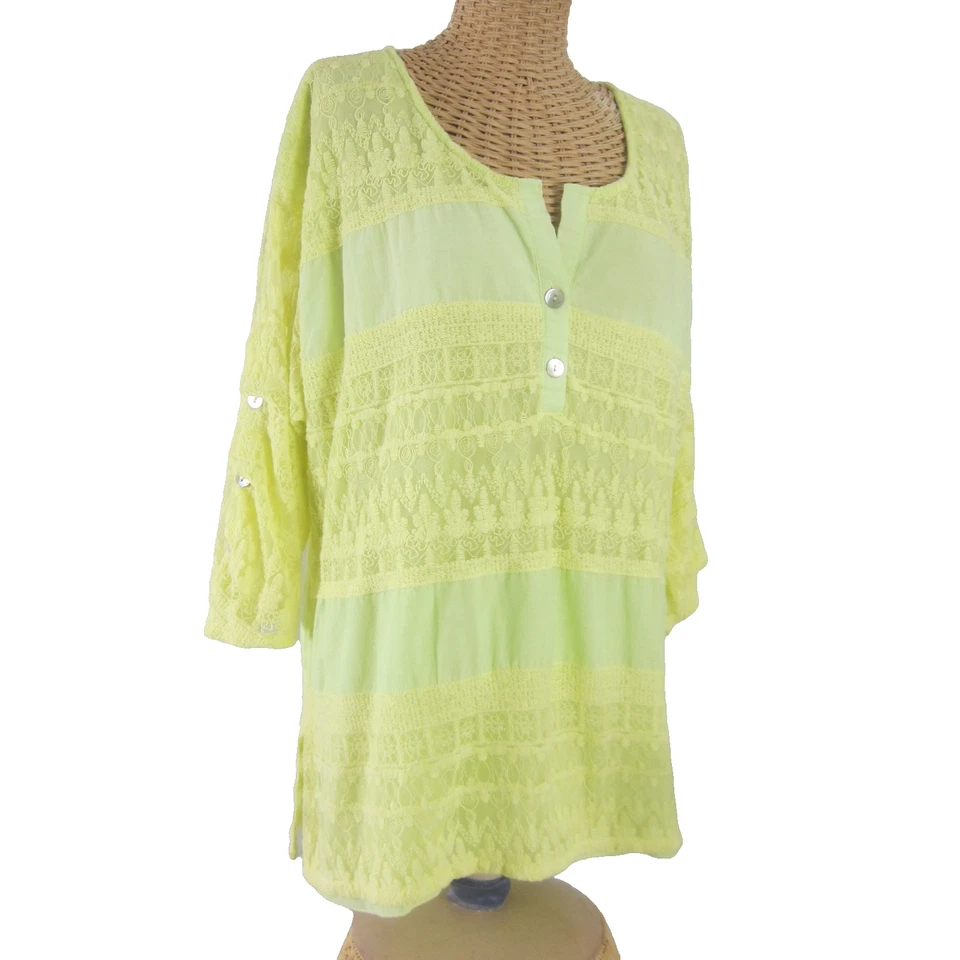 Lulu B Womens Plus 1X Lime Green Lace 3/4 Sleeve Cotton Blend Top Tunic Shirt - Image 1 of 4