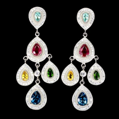 Valentine 925 Silver Earrings Pear Ruby 7x5mm Sapphire Topaz Gemstone Jewelry - Image 1 of 4