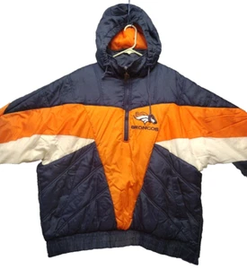 VTG Denver Broncos Jacket Mens LG Blue Orange Puffer Pro Player PullOver Hooded - Picture 1 of 13