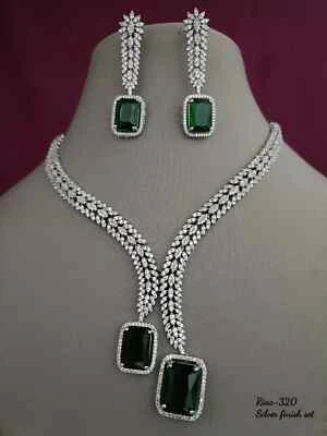 Indian Bollywood Silver Plated Ethnic AD CZ Jewelry Earrings Necklace Bridal Set - Image 1 of 4