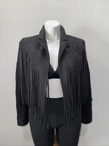 Flawless Faux Suede Leather Jacket Large Black Western Fringe Cropped Rodeo - Picture 1 of 15