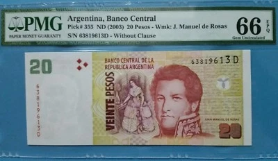 2003 Argentina 20 Pesos PMG66 EPQ GEM UNC <P-355> - Image 1 of 2