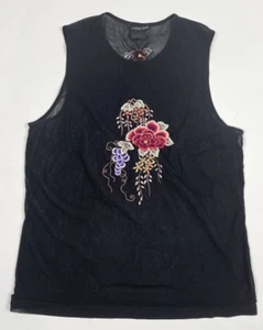 Vivienne Tam Mesh Tank Top Gr. 2 schwarz bestickt Blumen Nylon transparent Y2K - Bild 1 von 10