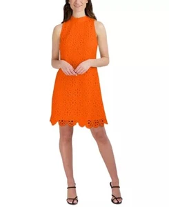 Robbie Bee Sleeveless Mock Neck Eyelet Lace Floral Shift Dress Tie Neck Women 12 - Picture 1 of 14