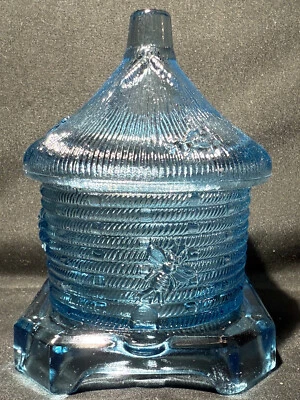 Blue Vaseline glass bee hive Honey pot / jar dish uranium covered glows selenium - Image 1 of 4