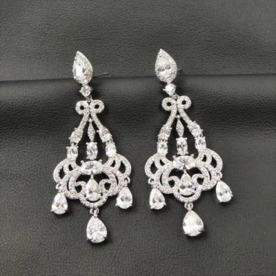 Pendientes de araña grandes elegantes glamour nupcial circonita cúbica chapados en rodio de plata brillante Foto 1 de 4