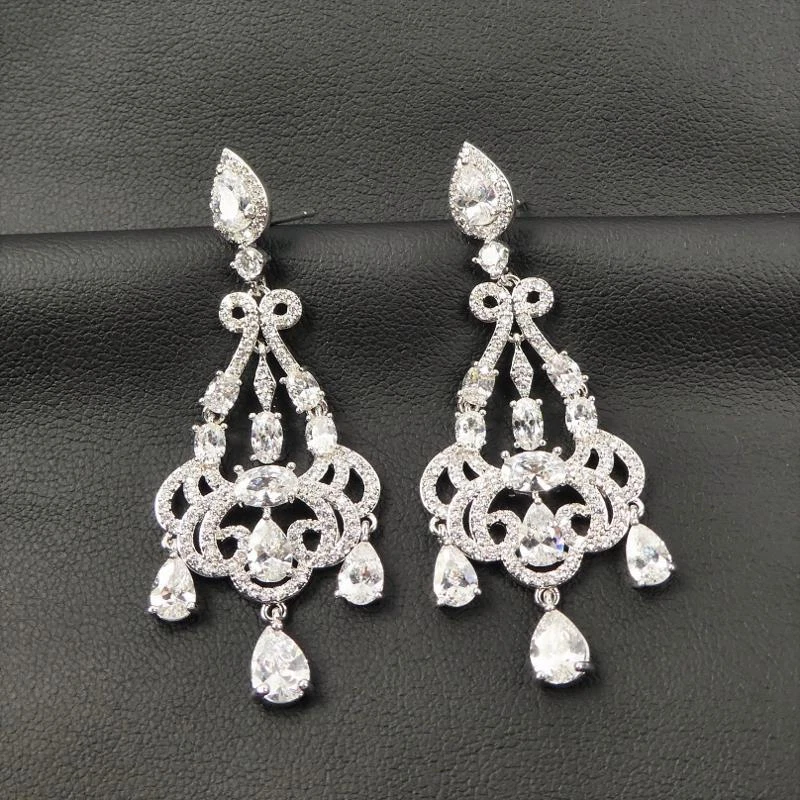 Pendientes de araña grandes elegantes glamour nupcial circonita cúbica chapados en rodio de plata brillante Foto 1 de 4