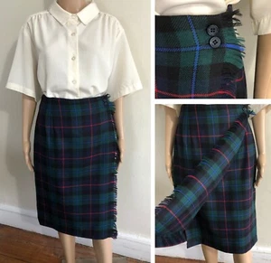vtg Womens 100% Wool Kilt Skirt Sz 14 Green Tartan Plaid Fringe Full Wrap EUC - Picture 1 of 19