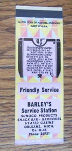 CUBIERTA DE LIBRO DE CERILLAS DE GASOLINERA BARLEY'S SUNOCO: ORLEANS, MICHIGAN MATCHCOVER -B23 - Imagen 1 de 2