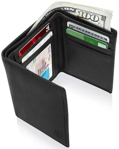 Genuine Leather Mens Wallet Slim Trifold Wallets For Men With ID Window RFID - Picture 1 of 15