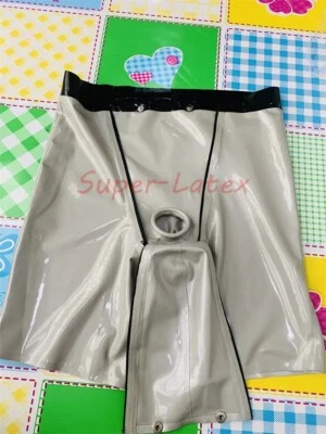 Grey Men Latex Shorts with Codpiece Crotch Hole Front Zipper Rubber Short Pants - Image 1 of 4