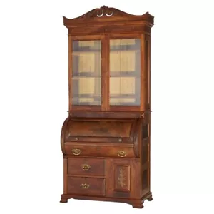 Antique Victorian Walnut & Burl Cylinder Secretary Desk & Bookcase, circa 1880 - Picture 1 of 20