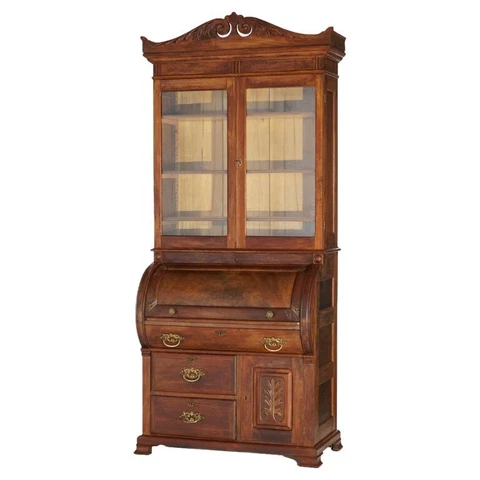 Antique Victorian Walnut & Burl Cylinder Secretary Desk & Bookcase, circa 1880 Cover