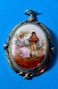 Vintage Porcelain Courting Couple Scene Cameo Frame Oval Pendant - Picture 1 of 10